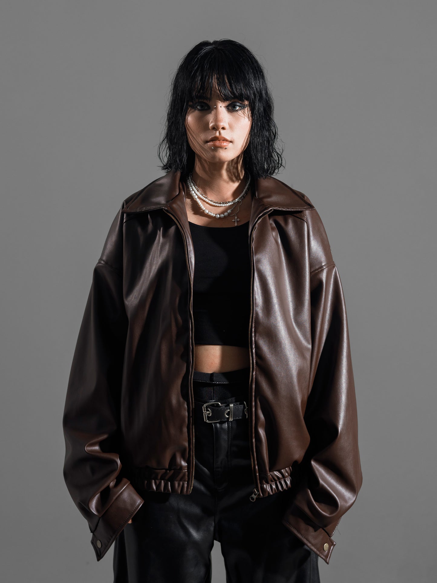 SHIRT COLLAR FAUX LEATHER JACKET OVERSIZED (COFFEE BROWN)