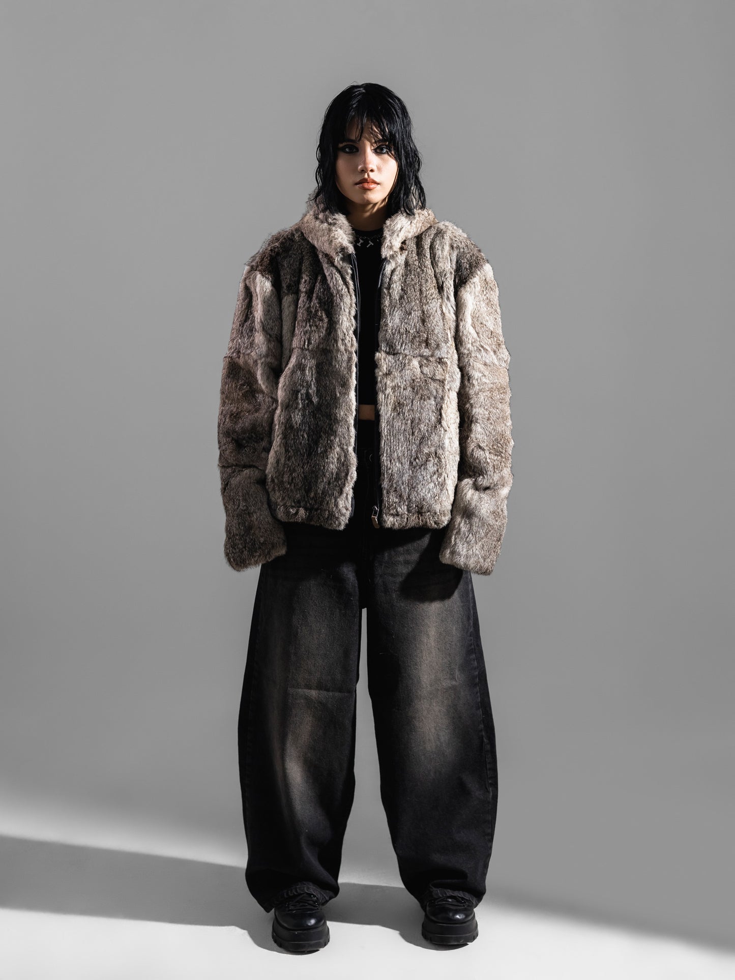 BOXY GREY FUR HOODED JACKET ( REAL RABBIT FUR )