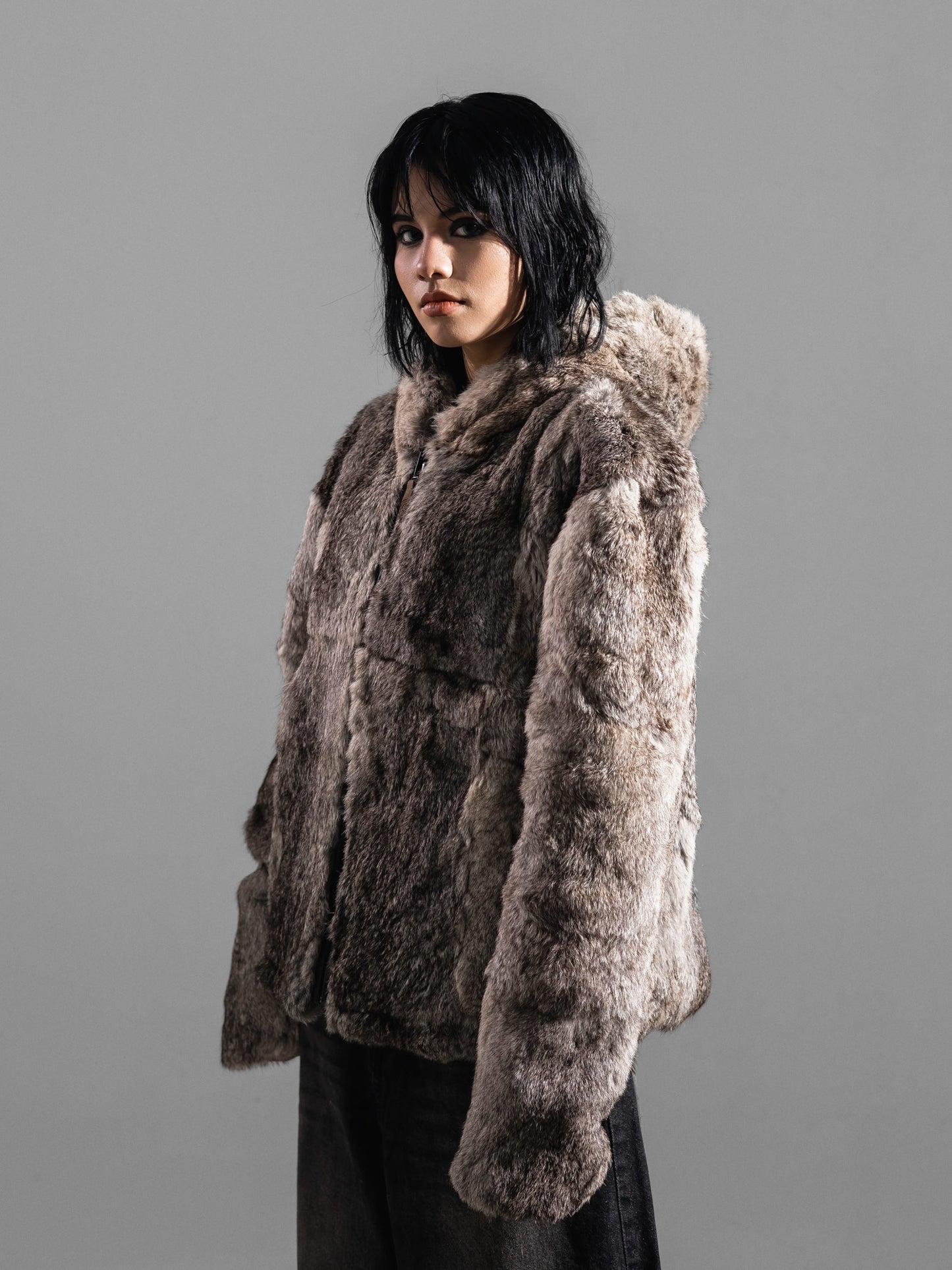 BOXY GREY FUR HOODED JACKET ( REAL RABBIT FUR )