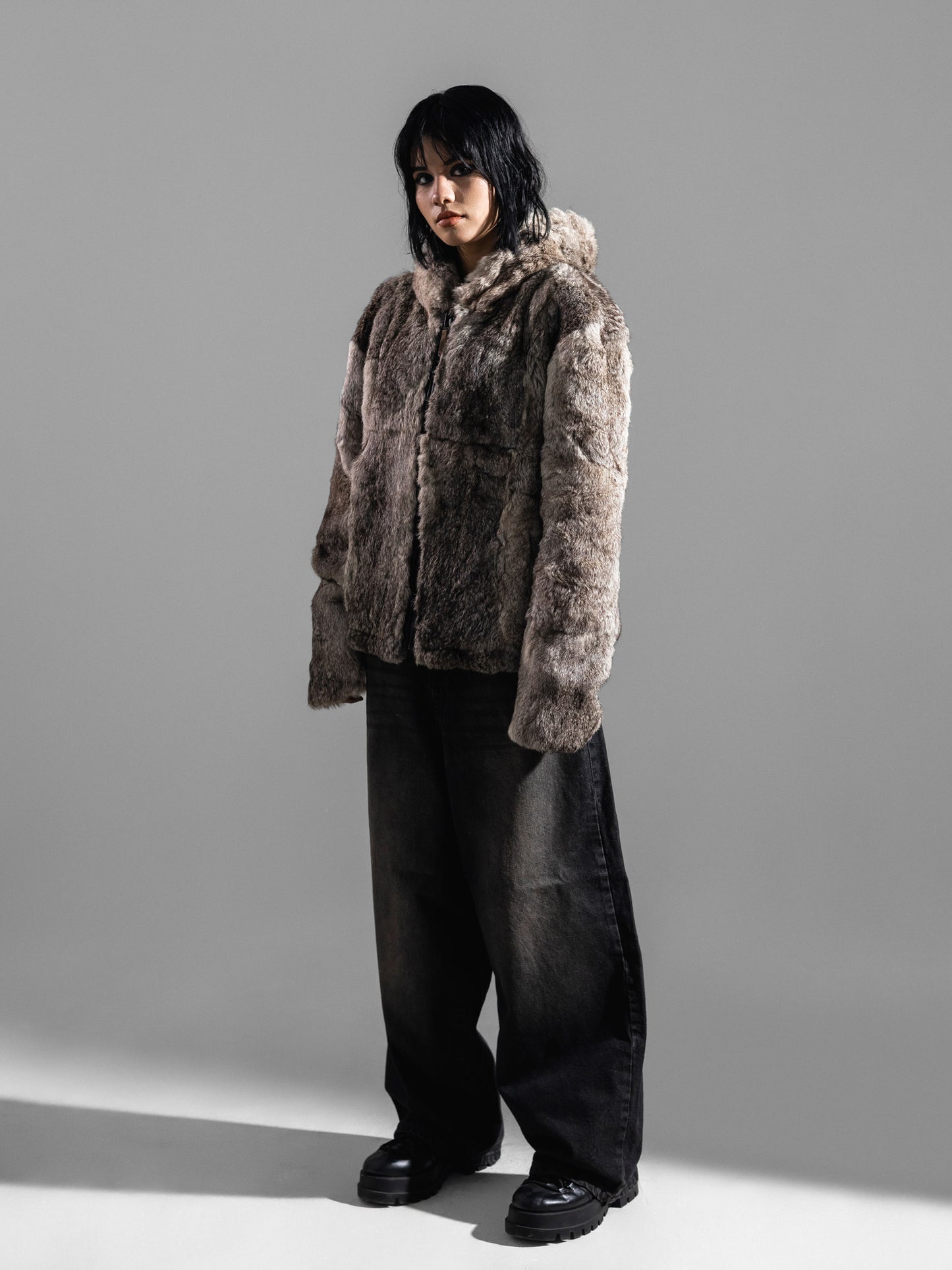 BOXY GREY FUR HOODED JACKET ( REAL RABBIT FUR )