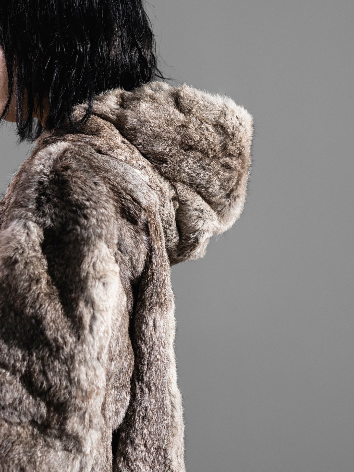 BOXY GREY FUR HOODED JACKET ( REAL RABBIT FUR )