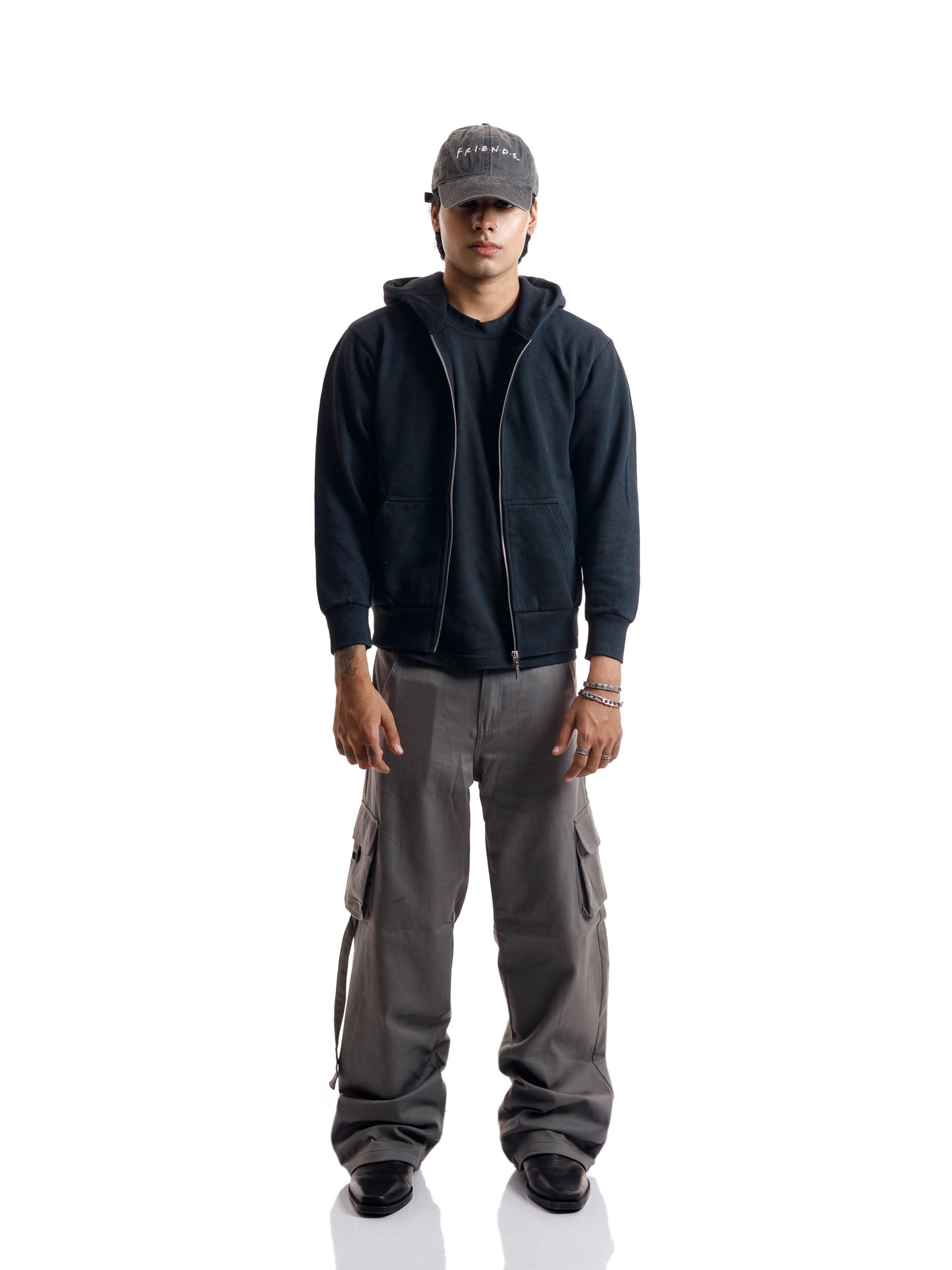 STEEL GREY D BUCKLE STRAPS CARGO PANTS