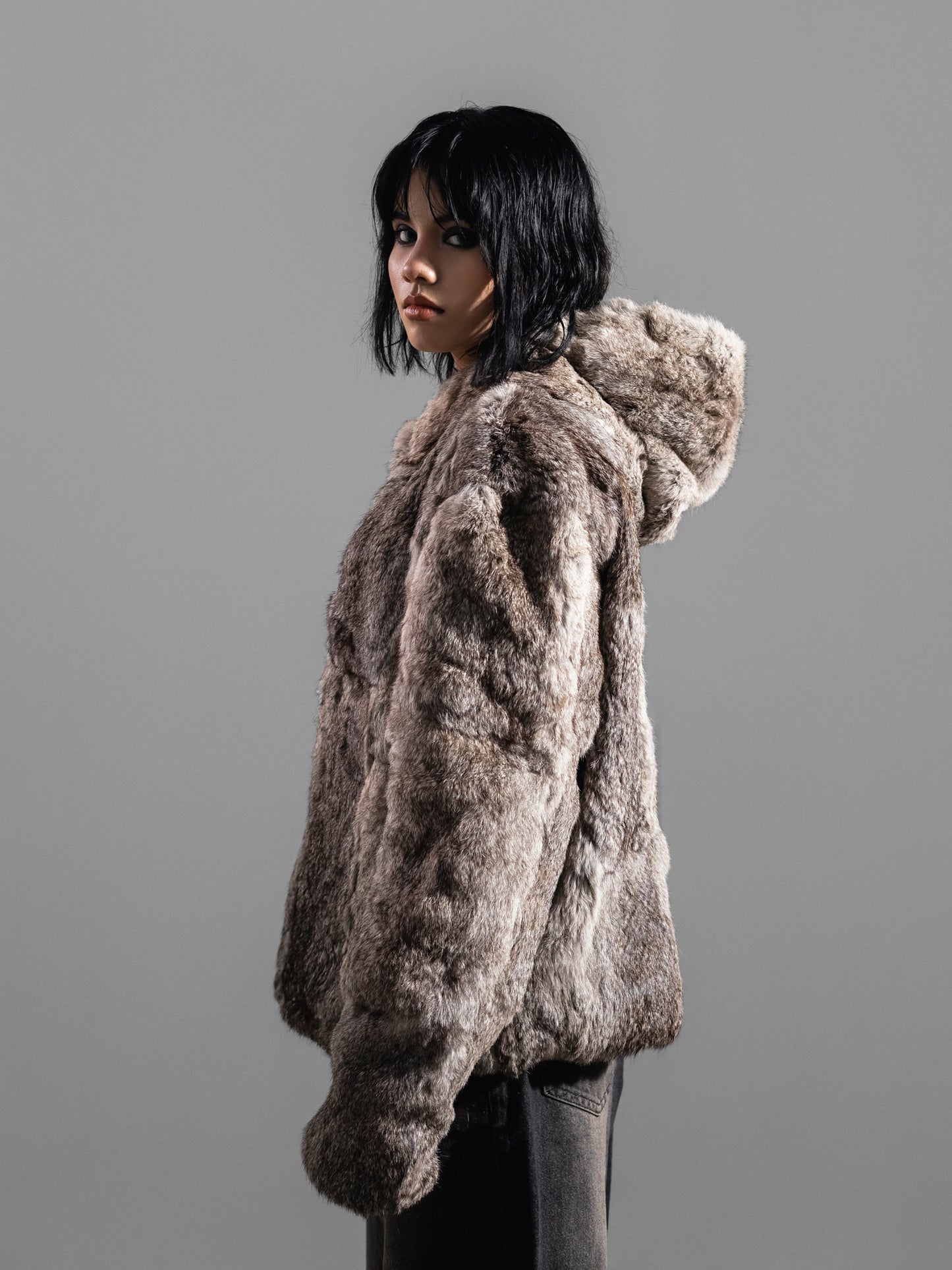 BOXY GREY FUR HOODED JACKET ( REAL RABBIT FUR )