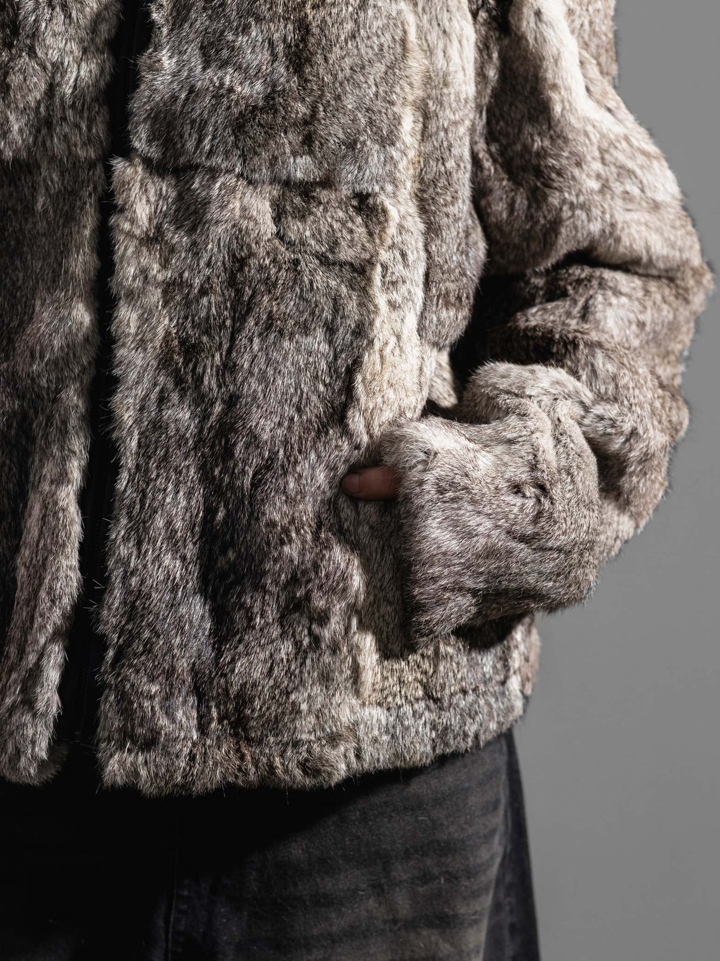 BOXY GREY FUR HOODED JACKET ( REAL RABBIT FUR )