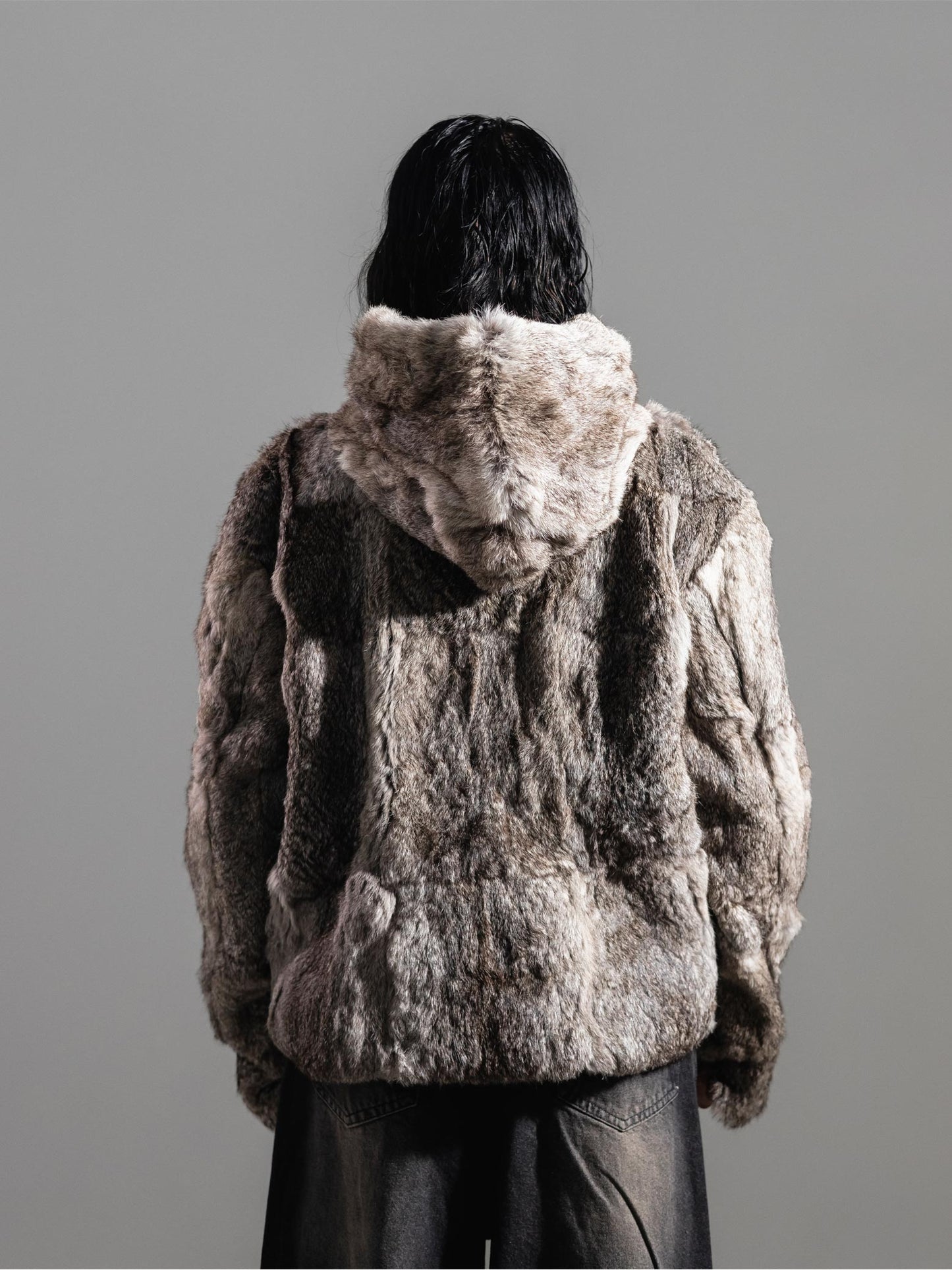 BOXY GREY FUR HOODED JACKET ( REAL RABBIT FUR )