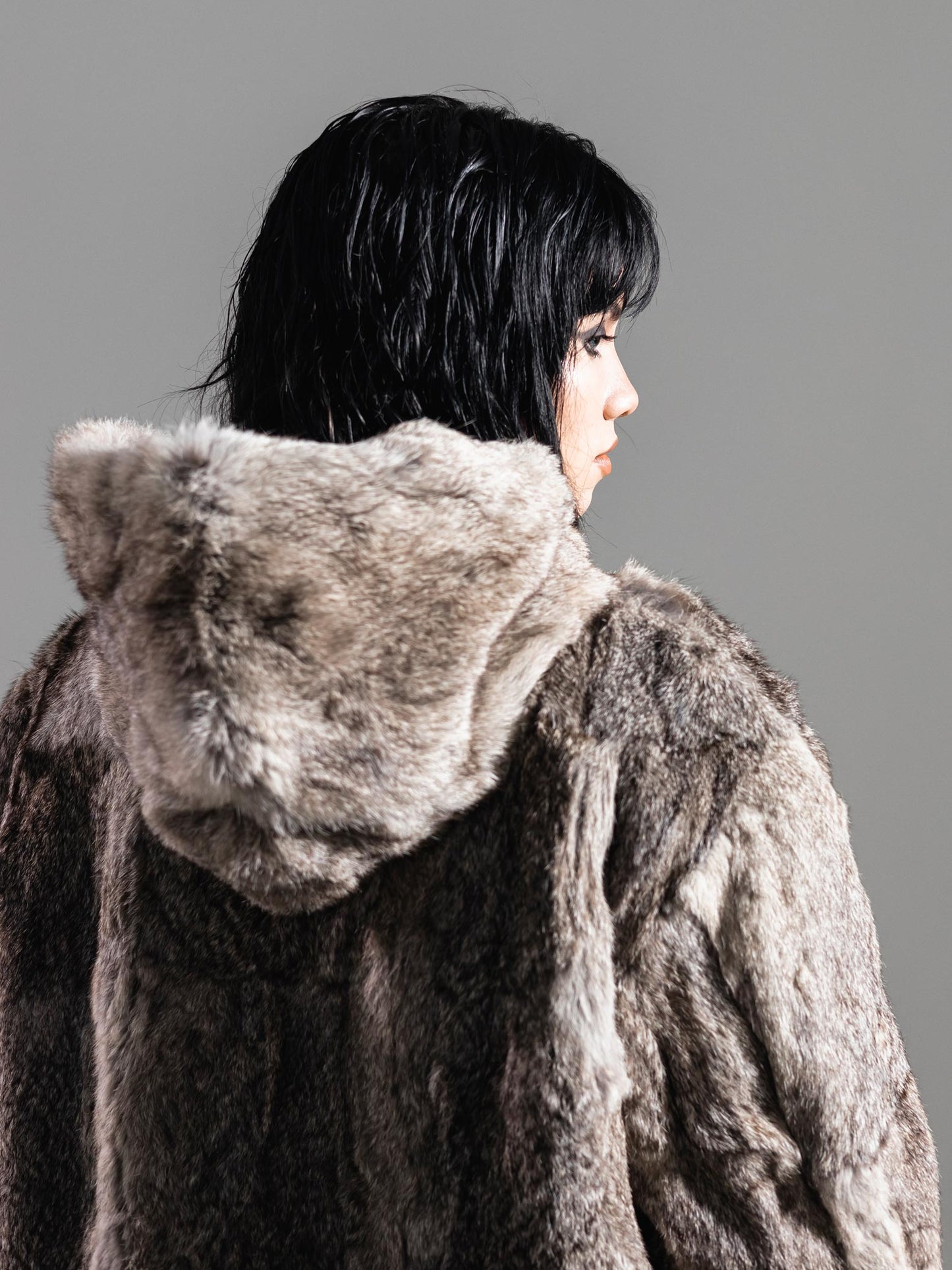 BOXY GREY FUR HOODED JACKET ( REAL RABBIT FUR )