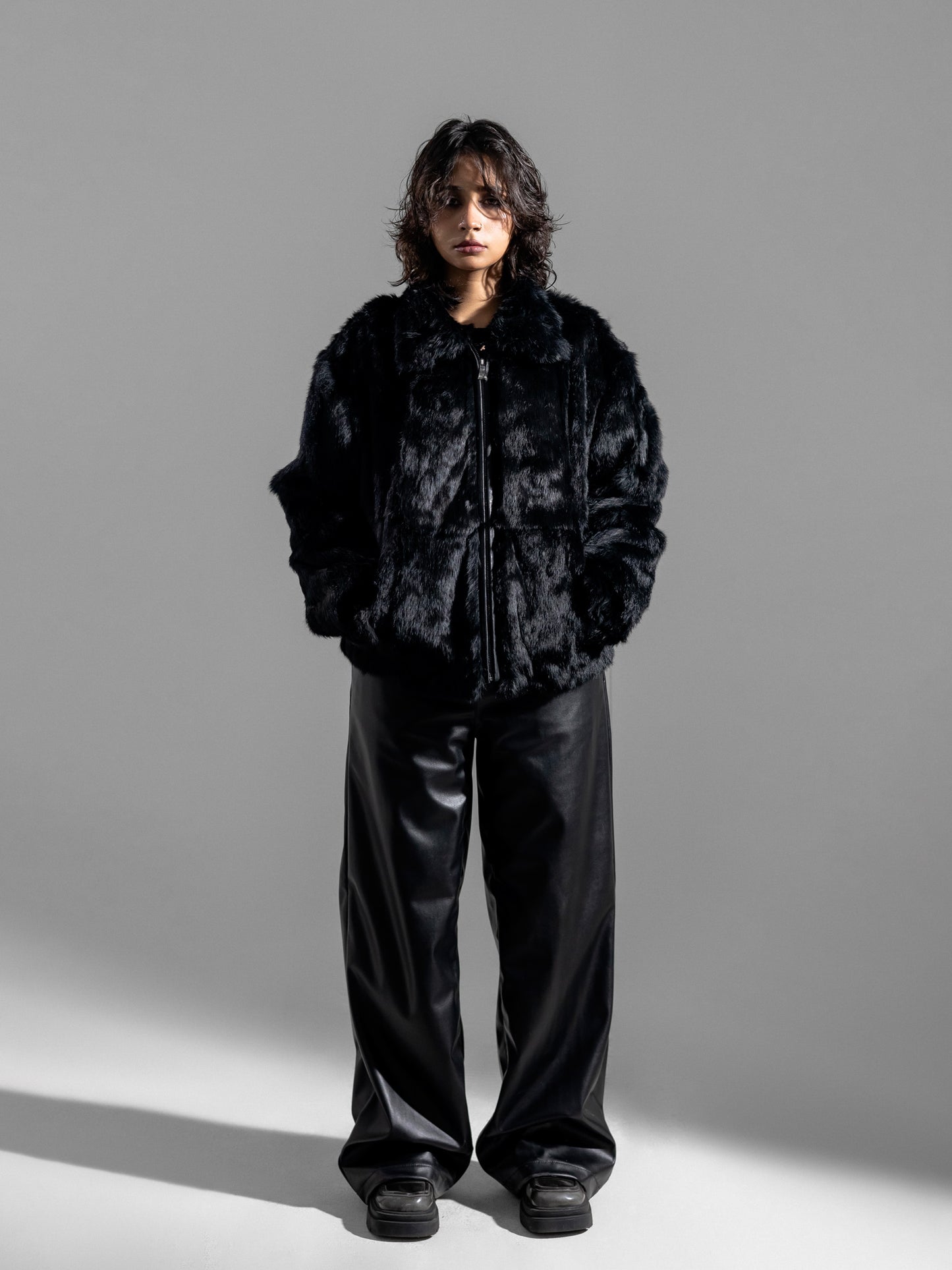 BOXY BLACK FUR JACKET ( REAL RABBIT FUR )