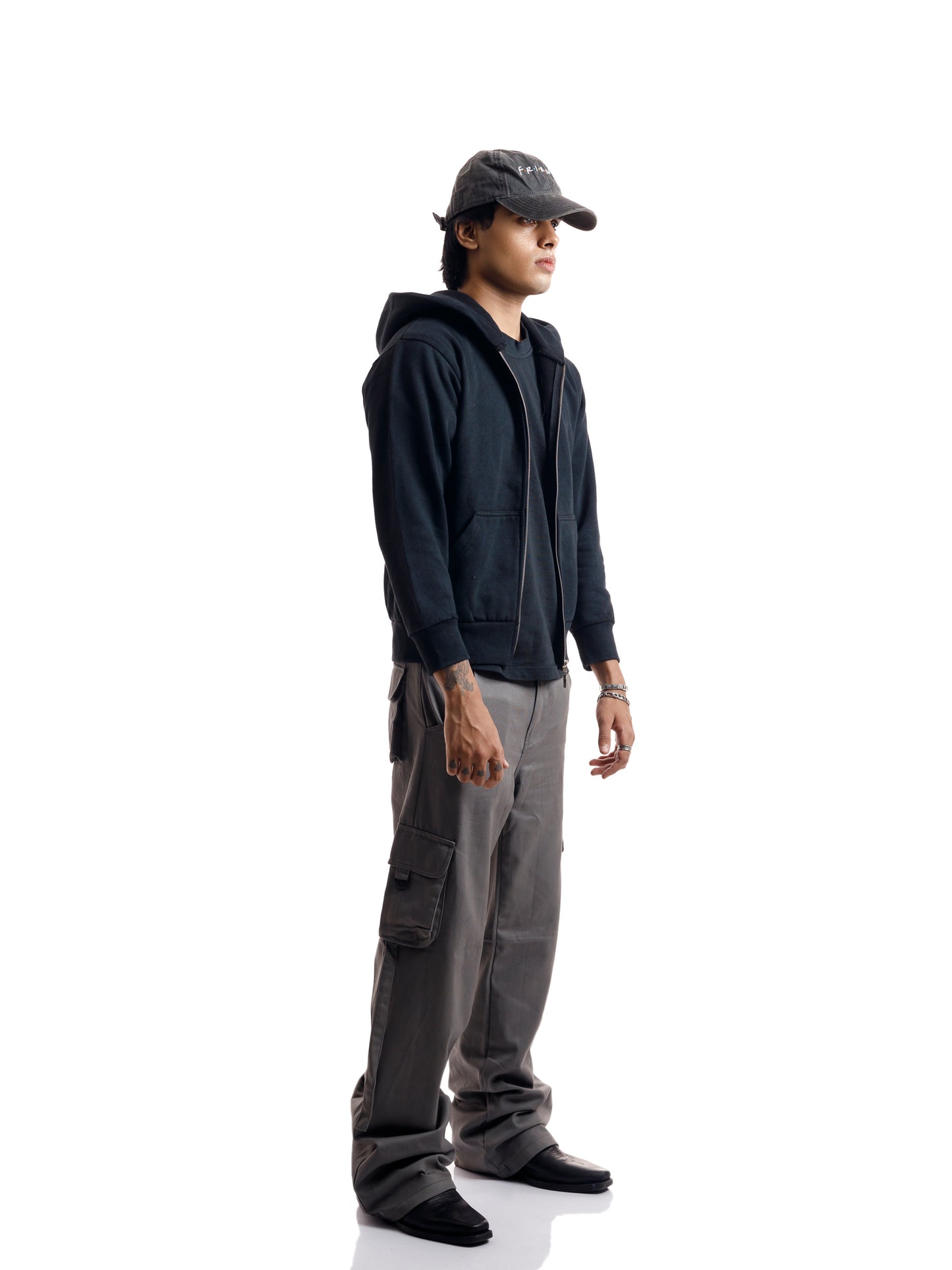 STEEL GREY D BUCKLE STRAPS CARGO PANTS