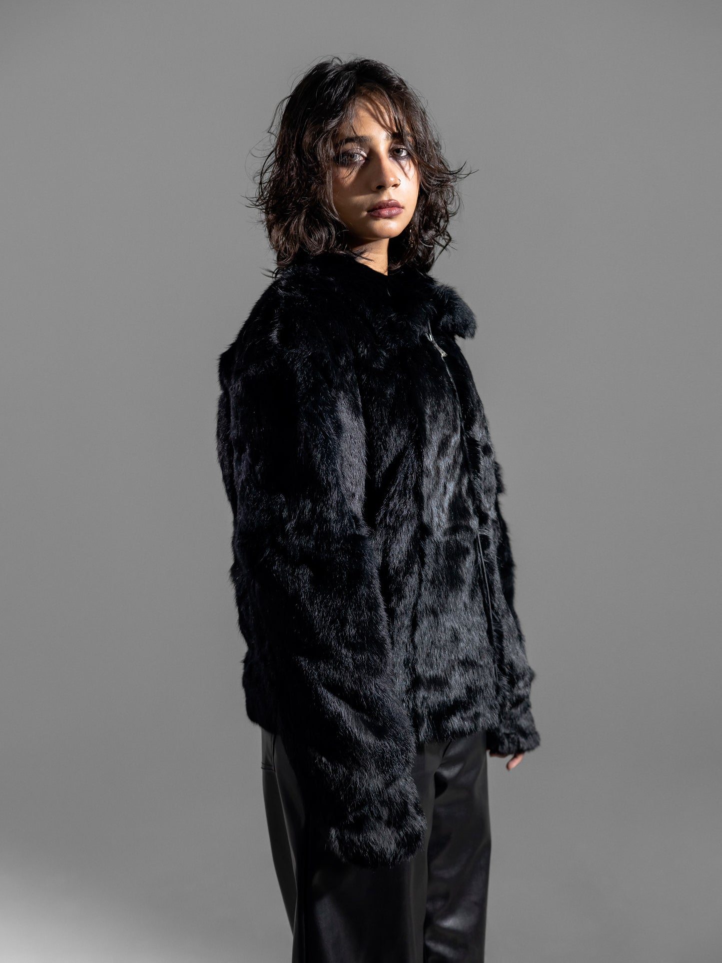 BOXY BLACK FUR JACKET ( REAL RABBIT FUR )