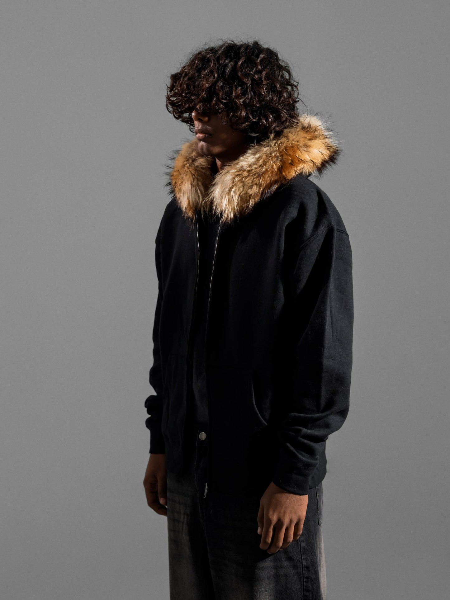 FOX-FUR HOODED ZIPPER JACKET ( OVERSIZED )