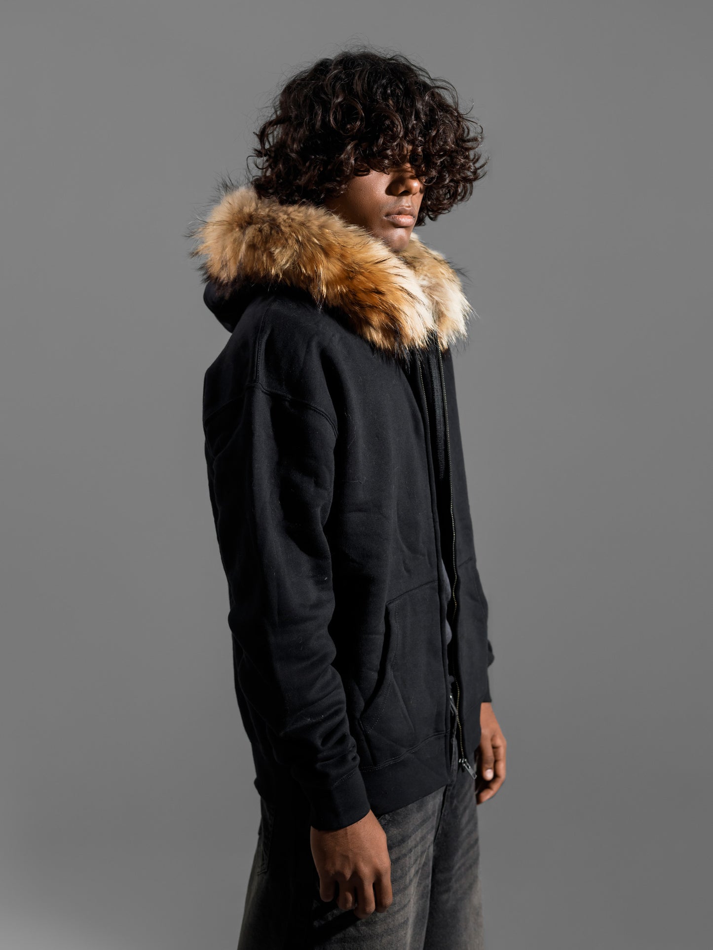 FOX-FUR HOODED ZIPPER JACKET ( OVERSIZED )