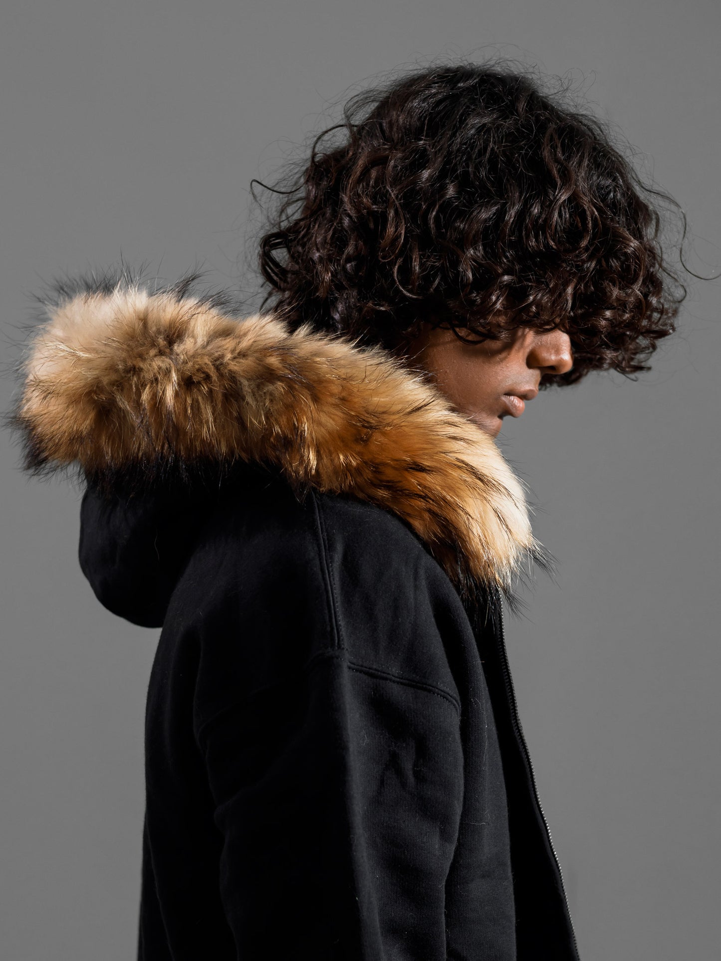 FOX-FUR HOODED ZIPPER JACKET ( OVERSIZED )