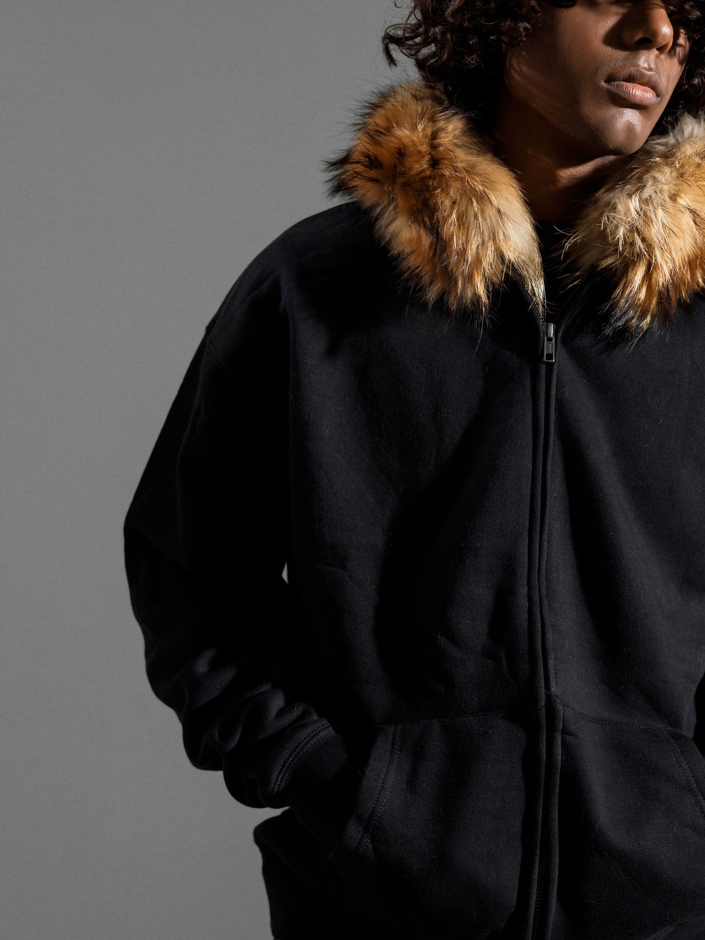 FOX-FUR HOODED ZIPPER JACKET ( OVERSIZED )