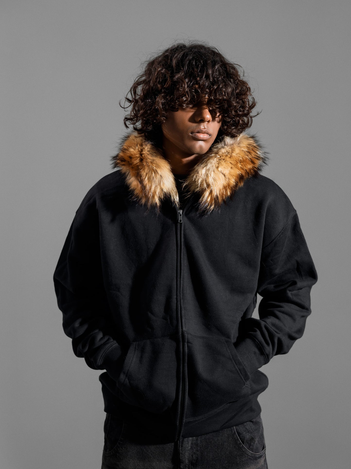 FOX-FUR HOODED ZIPPER JACKET ( OVERSIZED )