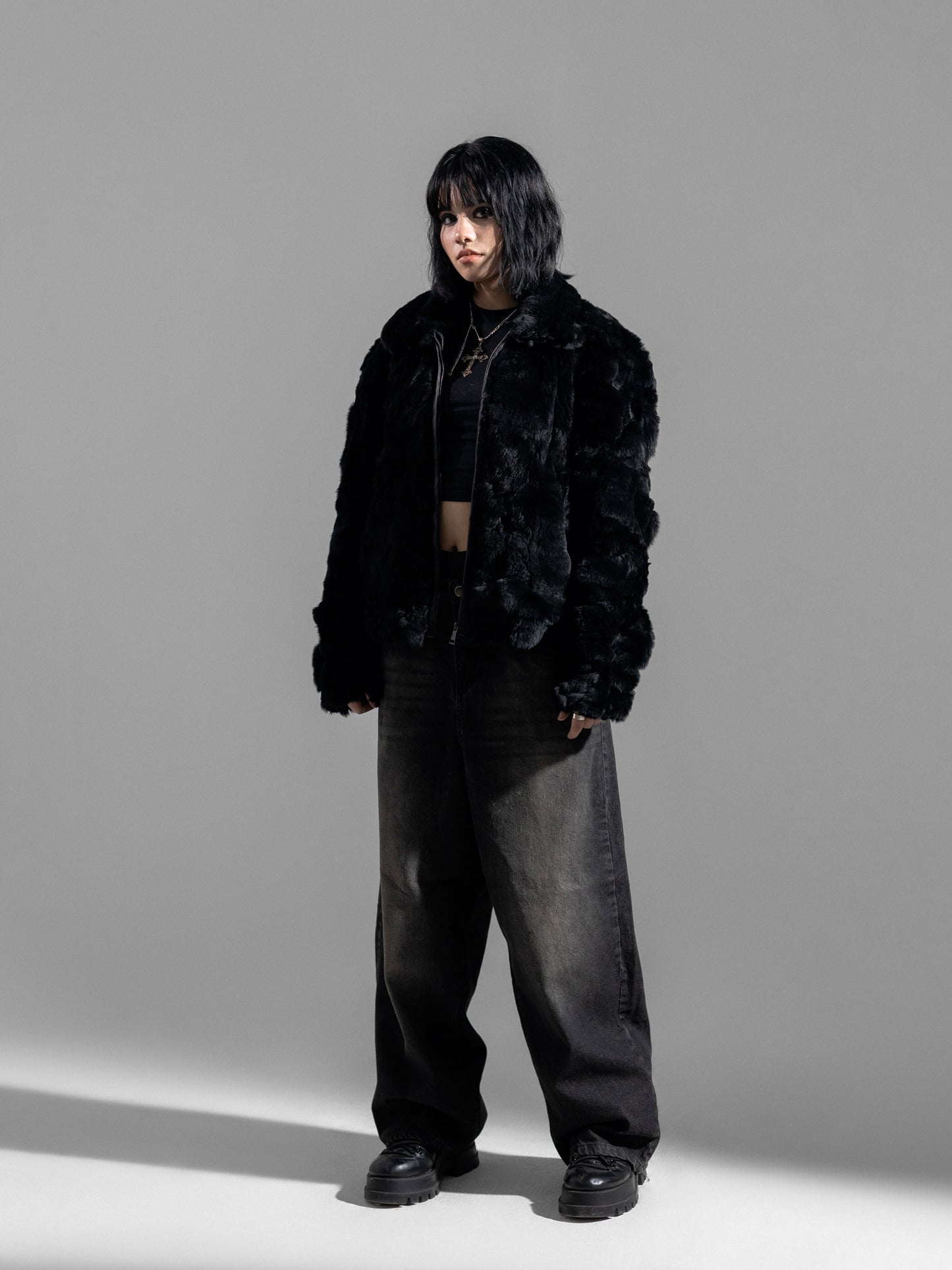 BOXY BLACK FUR JACKET ( REAL RABBIT FUR )