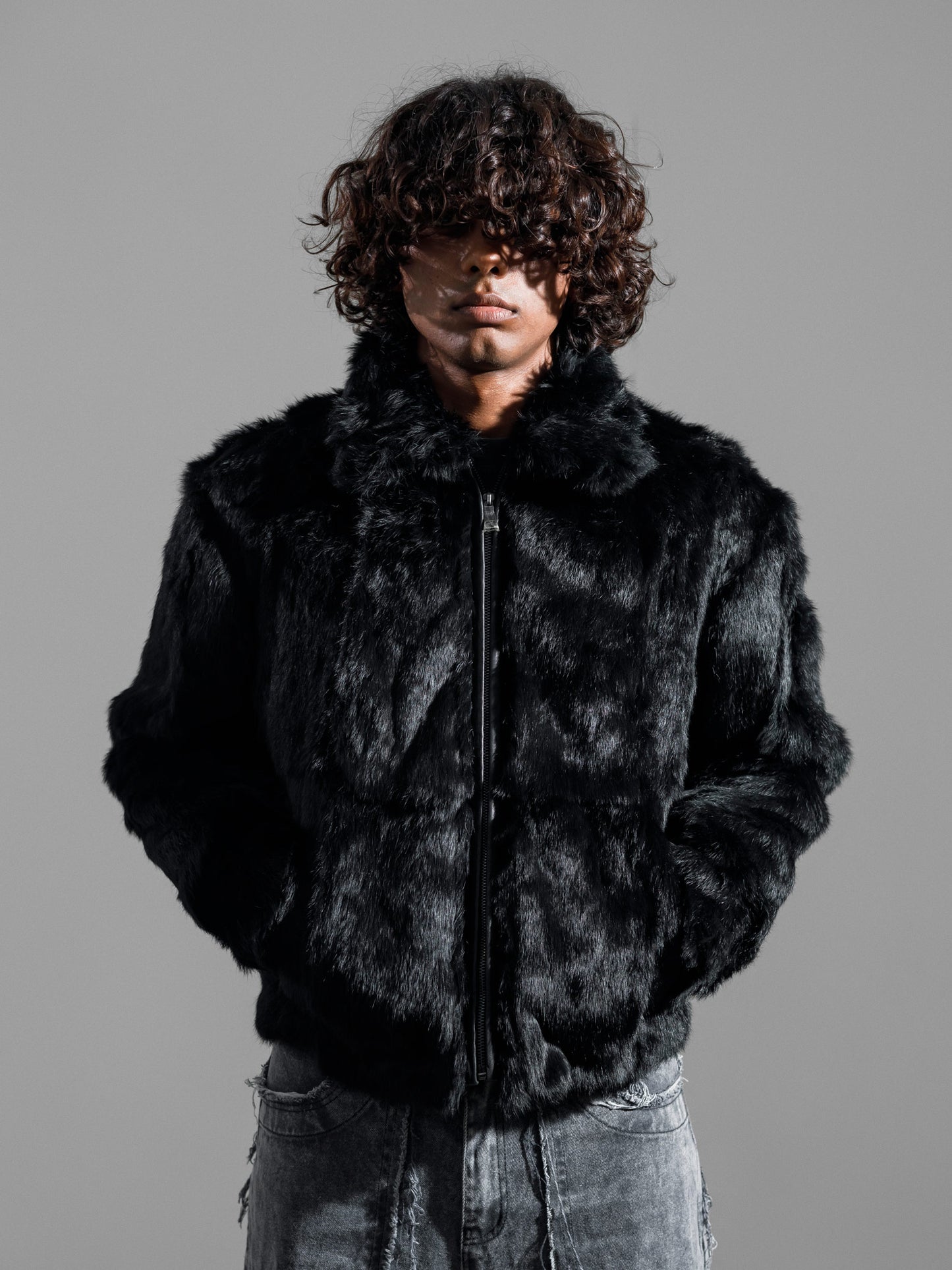 BOXY BLACK FUR JACKET ( REAL RABBIT FUR )