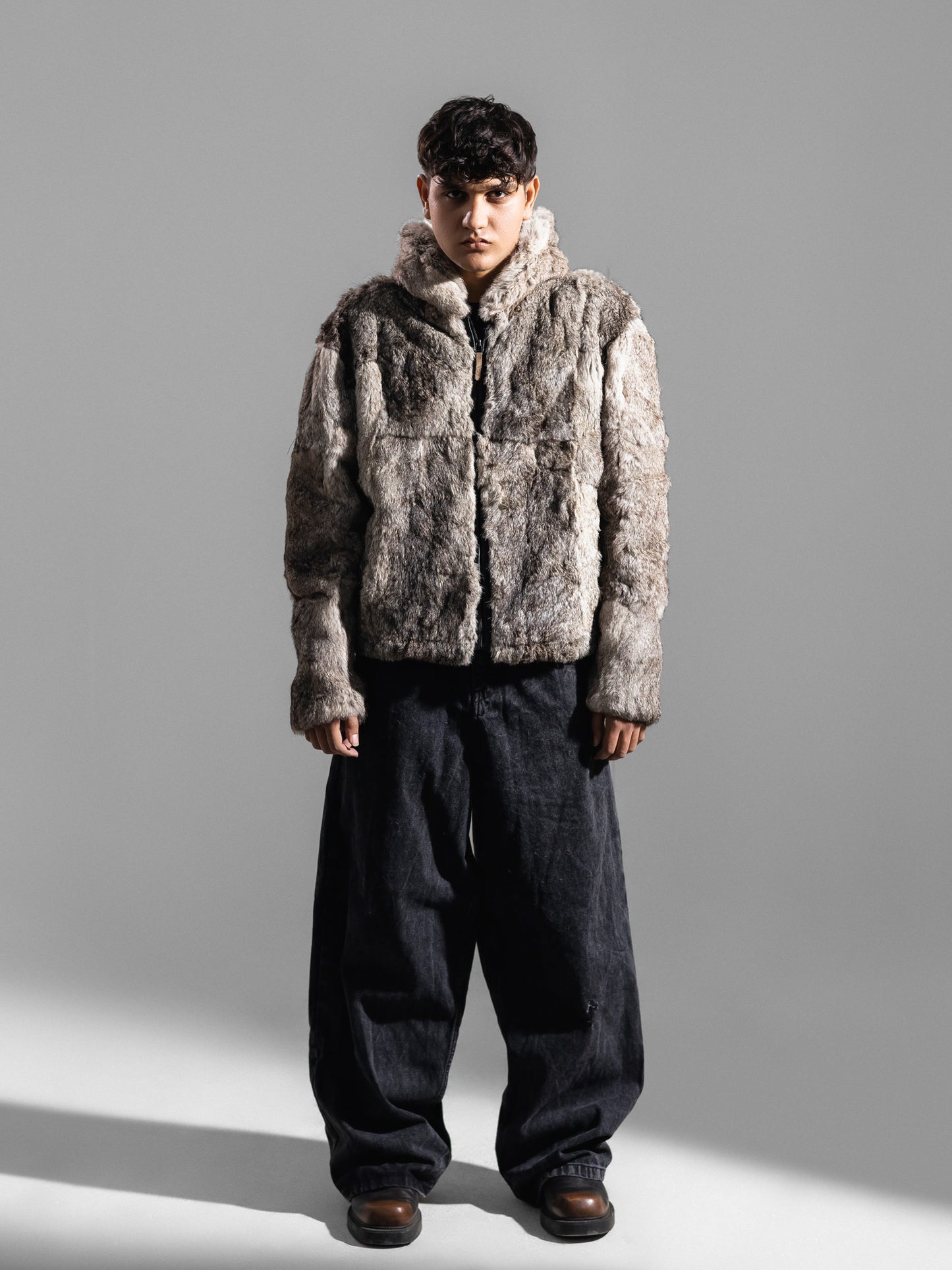 BOXY GREY FUR HOODED JACKET ( REAL RABBIT FUR )