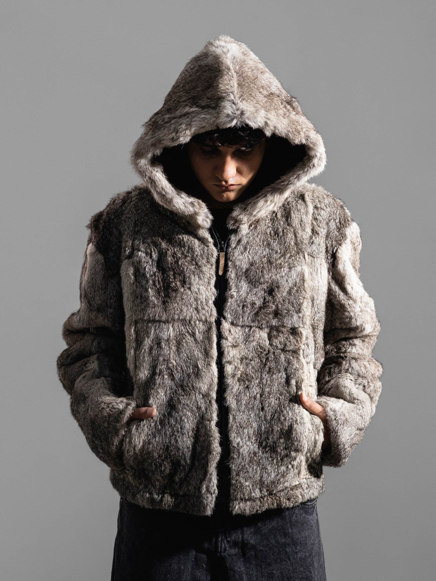 BOXY GREY FUR HOODED JACKET ( REAL RABBIT FUR )