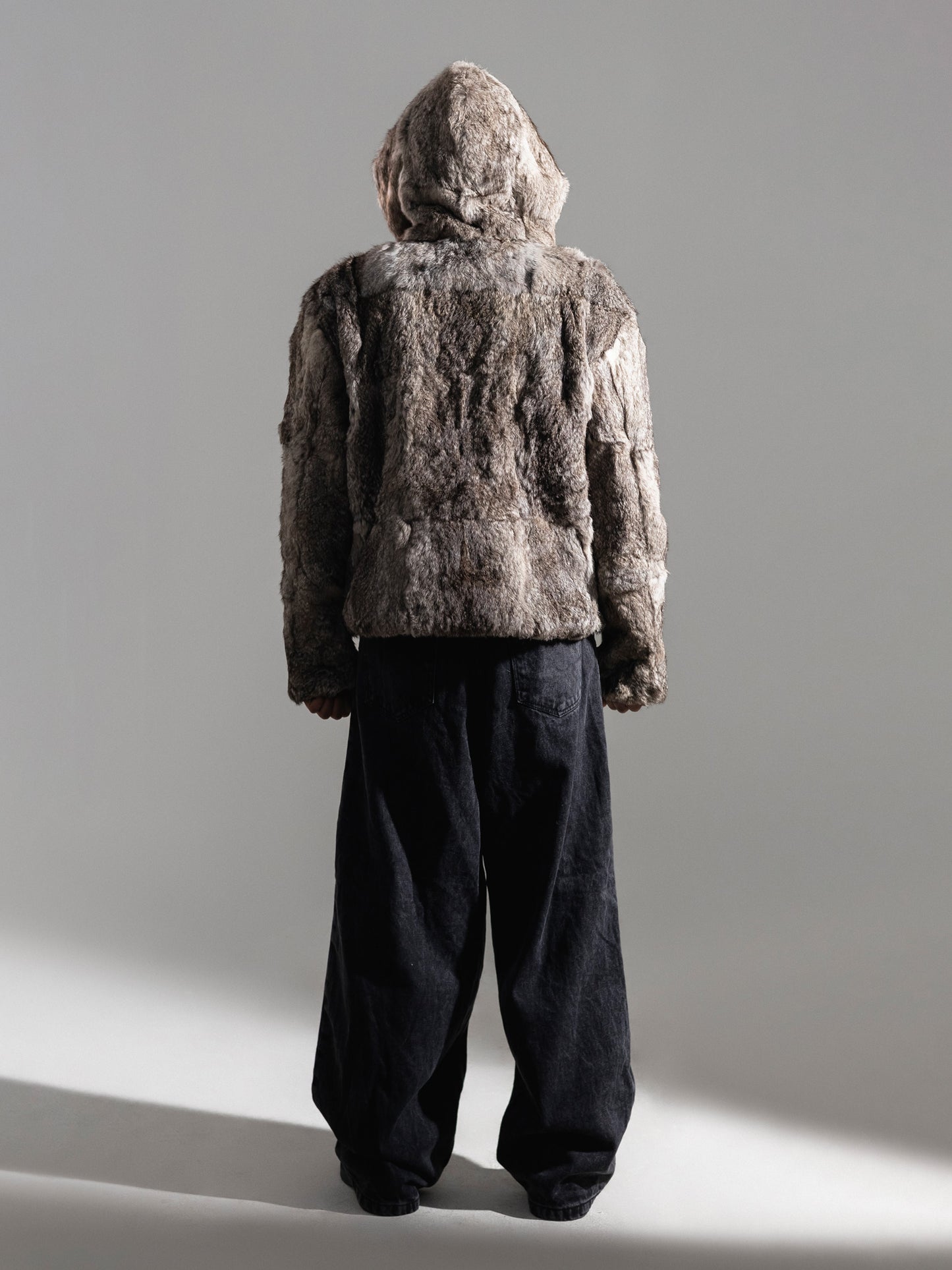 BOXY GREY FUR HOODED JACKET ( REAL RABBIT FUR )