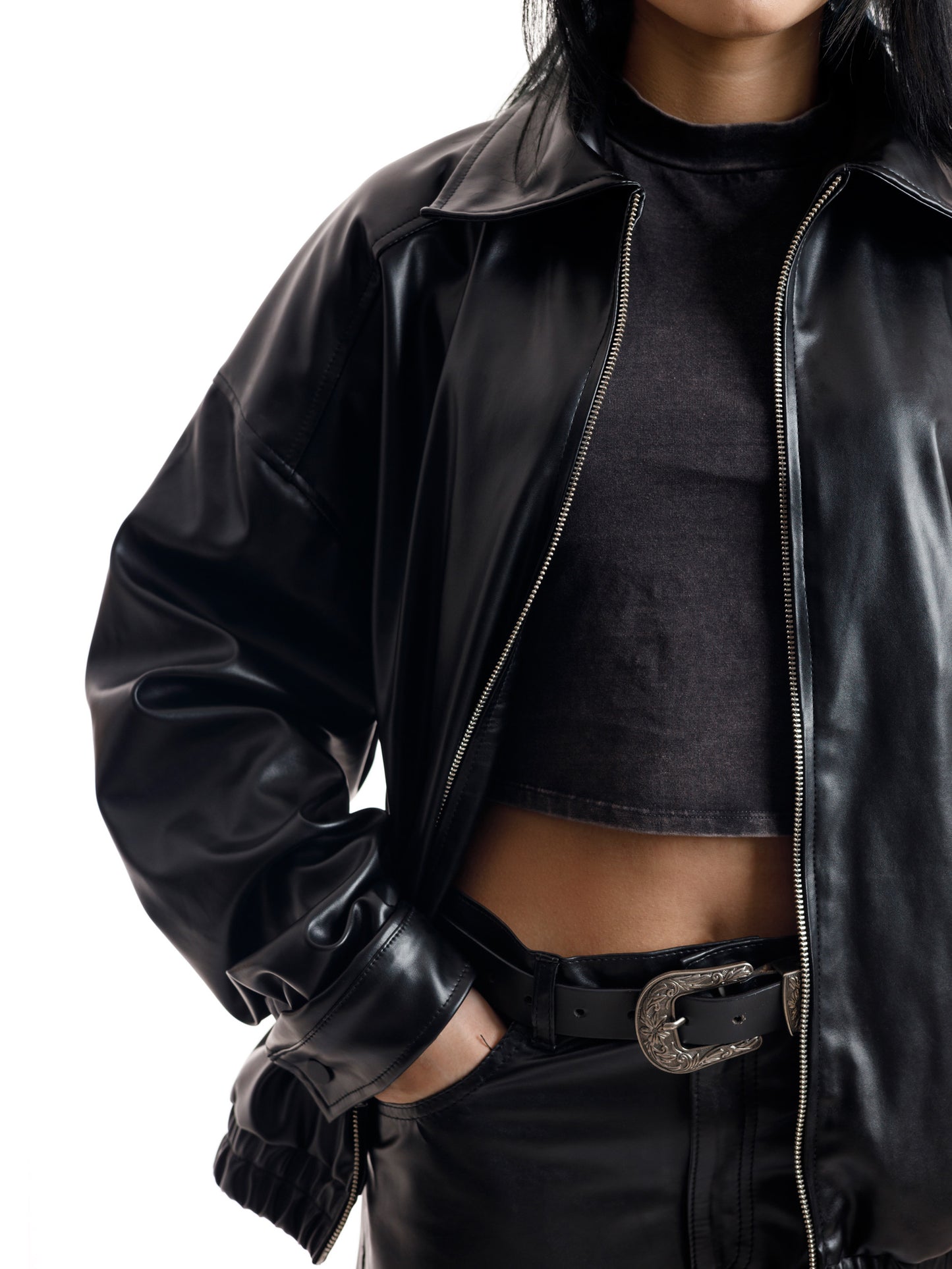 SHIRT COLLAR FAUX LEATHER JACKET