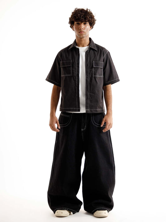 BLACK SHORT SLEEVES CROSS STITCH DOUBLE POCKET BOXY SHIRT