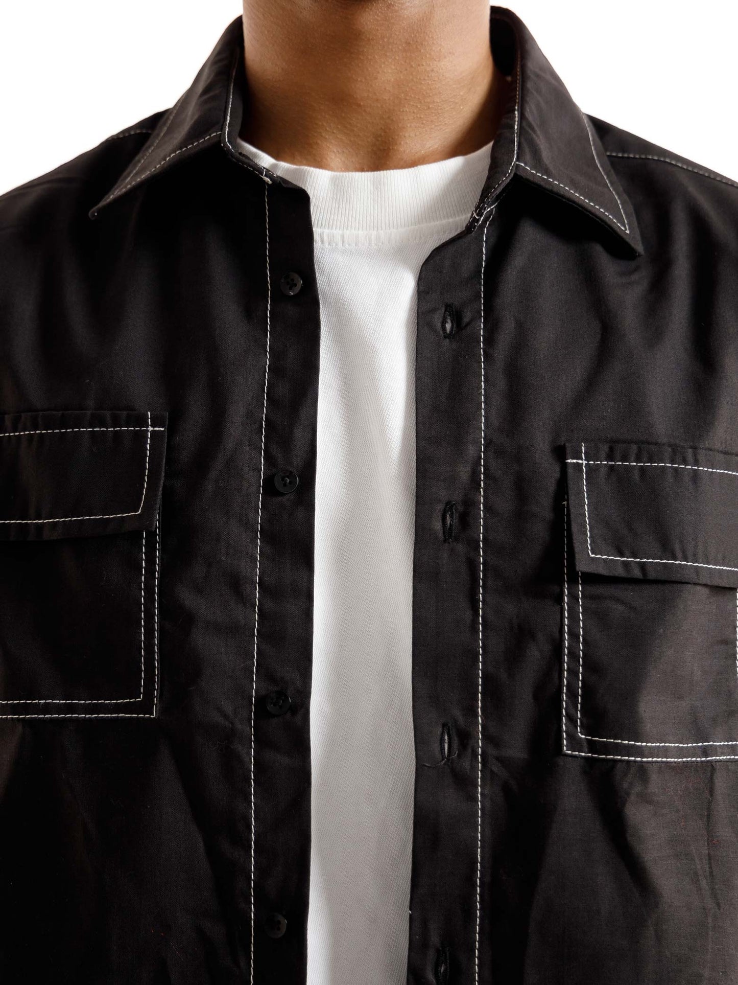 BLACK SHORT SLEEVES CROSS STITCH DOUBLE POCKET BOXY SHIRT