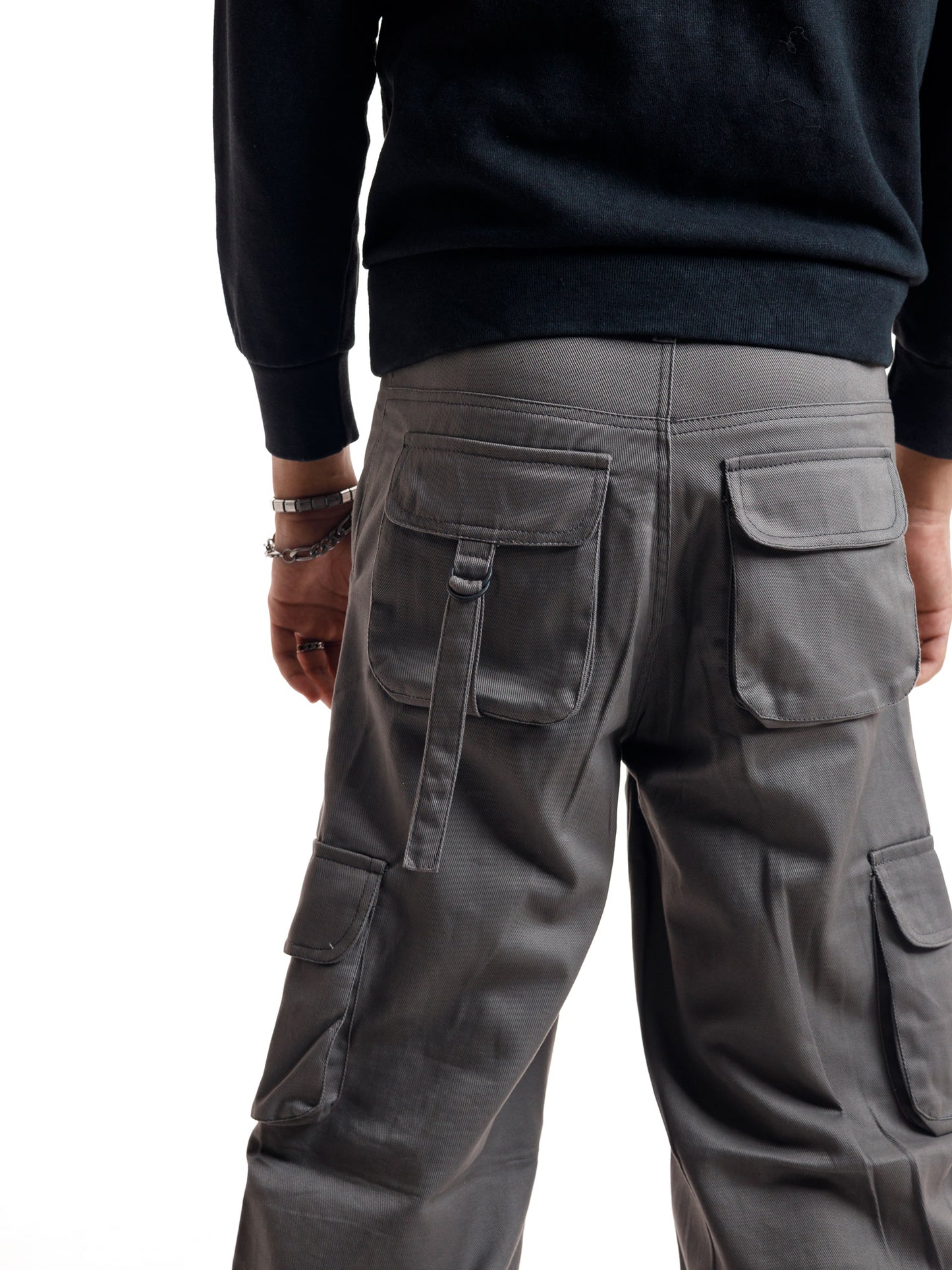 STEEL GREY D BUCKLE STRAPS CARGO PANTS