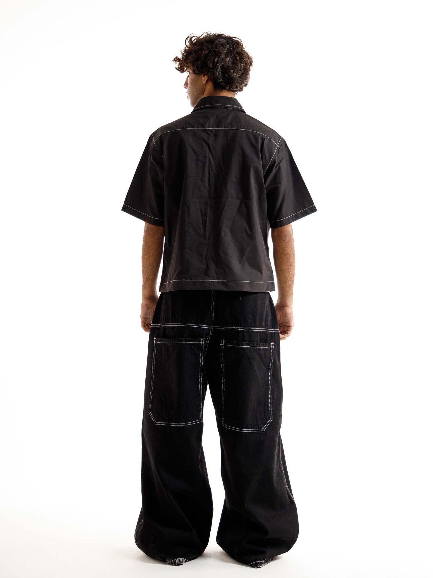 BLACK SHORT SLEEVES CROSS STITCH DOUBLE POCKET BOXY SHIRT